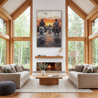Cowboys Crossing Sunset Western wall art in a rustic western-style room – three cowboys on white and brown horses