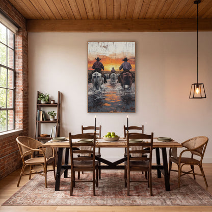 Cowboys Crossing Sunset Western wall art in a rustic western-style room – three cowboys on white and brown horses