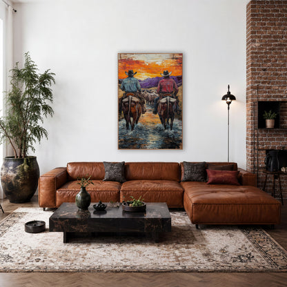 Twin Riders Violet Ridge Western wall art in a rustic western-style room – two cowboys on horseback driving cattle