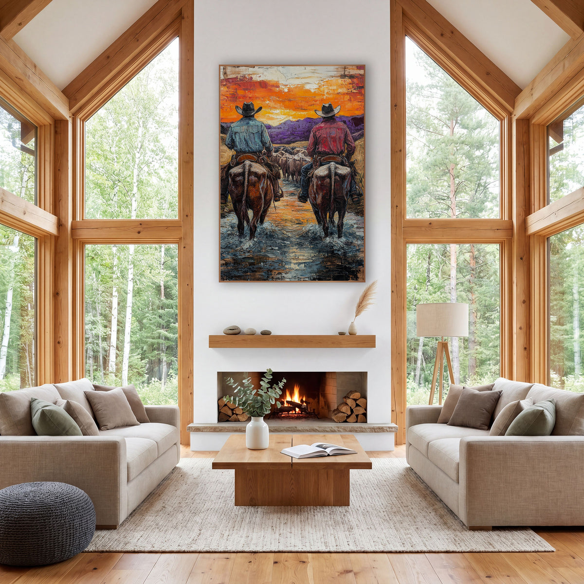 Twin Riders Violet Ridge Western wall art in a rustic western-style room – two cowboys on horseback driving cattle