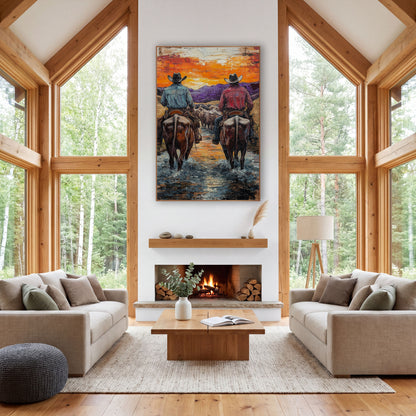 Twin Riders Violet Ridge Western wall art in a rustic western-style room – two cowboys on horseback driving cattle
