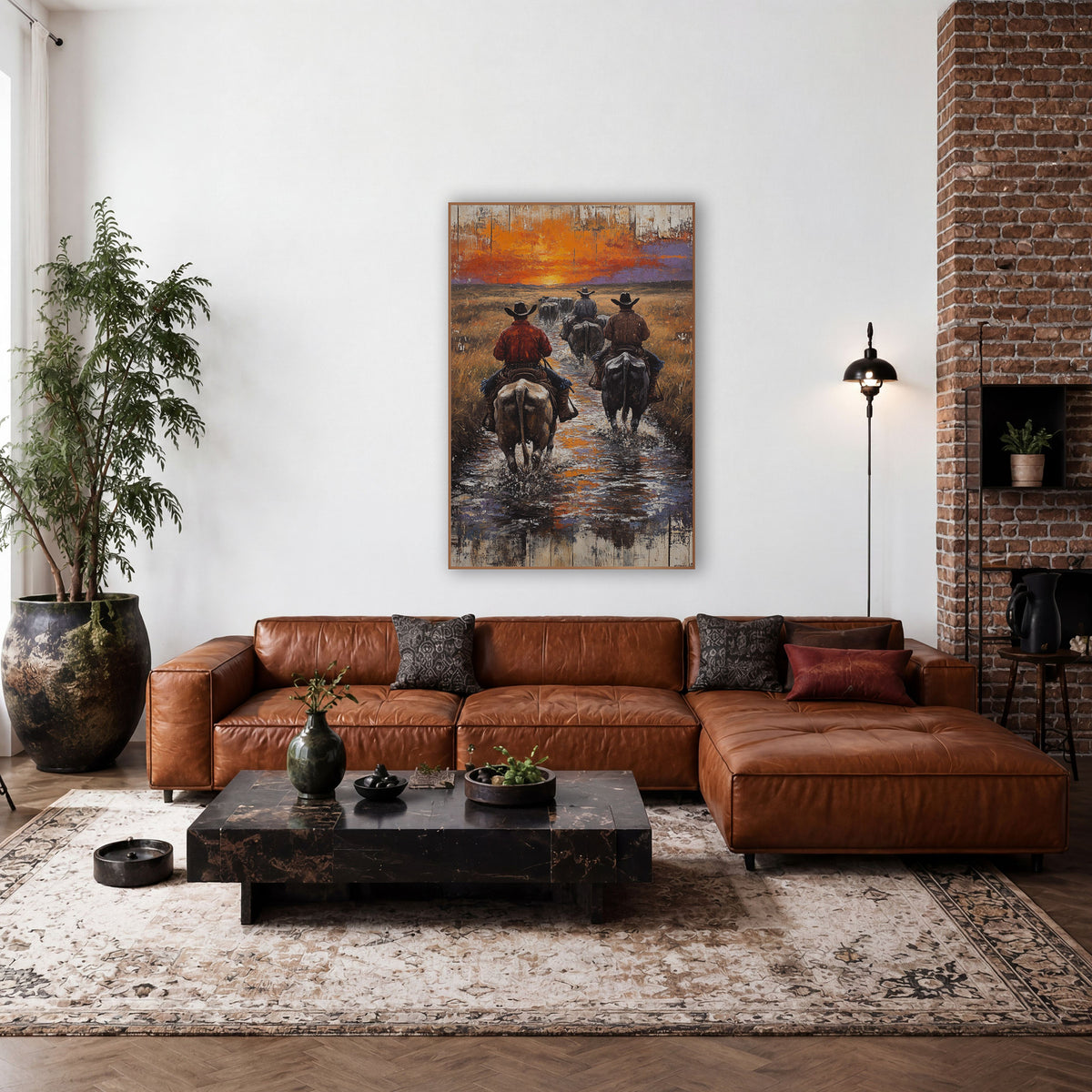 Four Riders Prairie Creek Rustic wall art in a rustic western-style room – three cowboys on horseback ride away