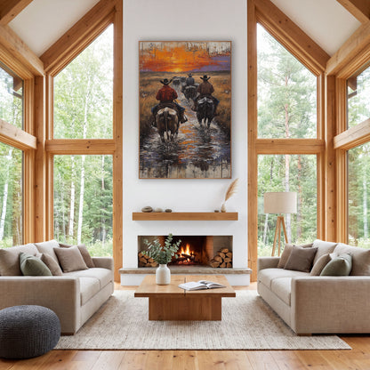 Four Riders Prairie Creek Rustic wall art in a rustic western-style room – three cowboys on horseback ride away