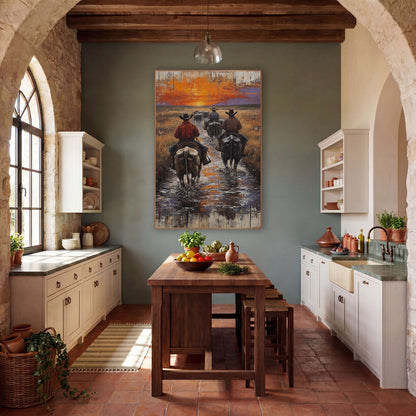 Four Riders Prairie Creek Rustic wall art in a rustic western-style room – three cowboys on horseback ride away