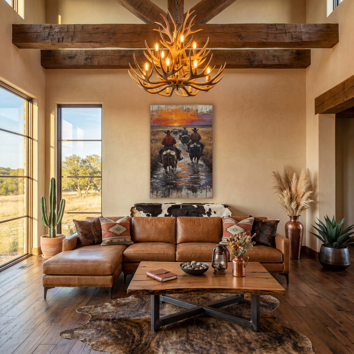 Four Riders Prairie Creek Rustic wall art in a rustic western-style room – three cowboys on horseback ride away