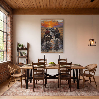 Four Riders Prairie Creek Rustic wall art in a rustic western-style room – three cowboys on horseback ride away
