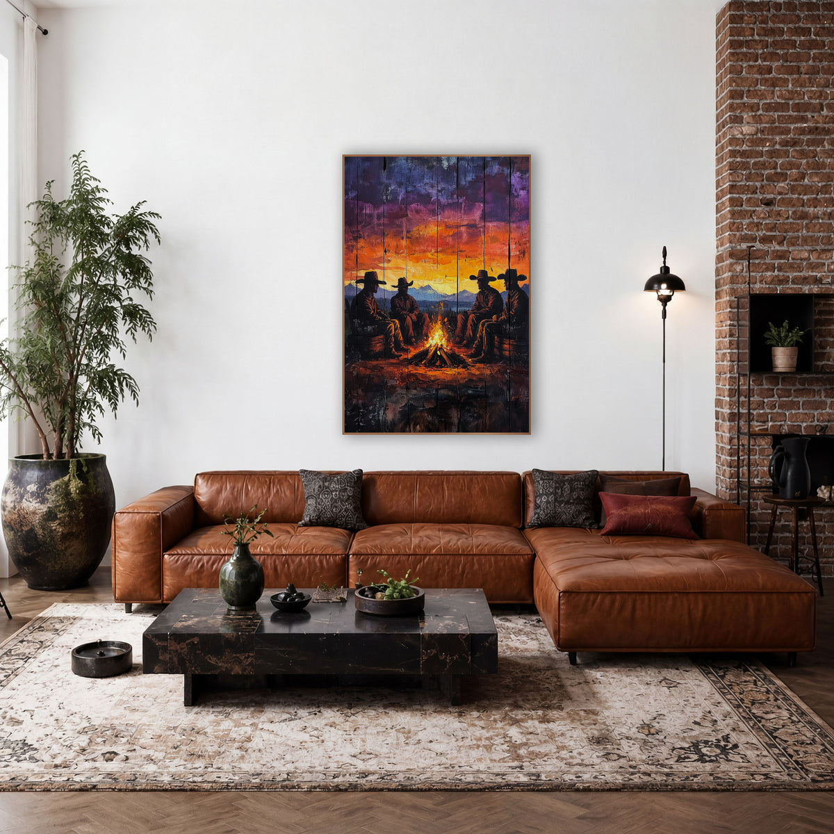 Cowboy Campfire Sunset Western Rustic wall art in a rustic western-style room – four cowboys in wide-brim hats sit