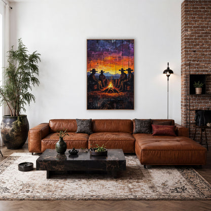 Cowboy Campfire Sunset Western Rustic wall art in a rustic western-style room – four cowboys in wide-brim hats sit