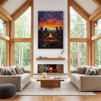 Cowboy Campfire Sunset Western Rustic wall art in a rustic western-style room – four cowboys in wide-brim hats sit
