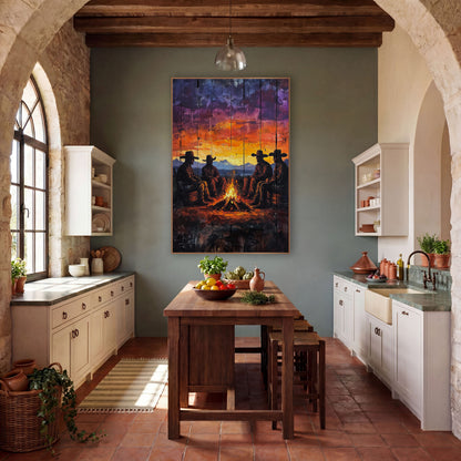 Cowboy Campfire Sunset Western Rustic wall art in a rustic western-style room – four cowboys in wide-brim hats sit