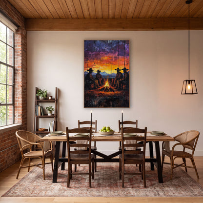 Cowboy Campfire Sunset Western Rustic wall art in a rustic western-style room – four cowboys in wide-brim hats sit