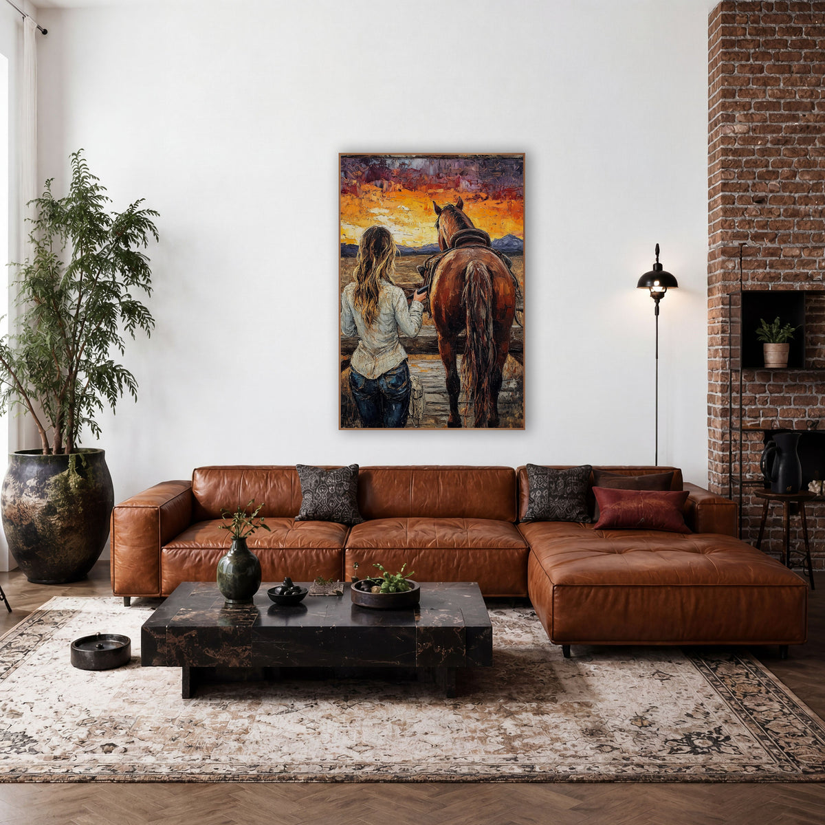 Ranch Fence Dusk Western wall art in a rustic western-style room – cowgirl with long wavy hair and chestnut horse seen