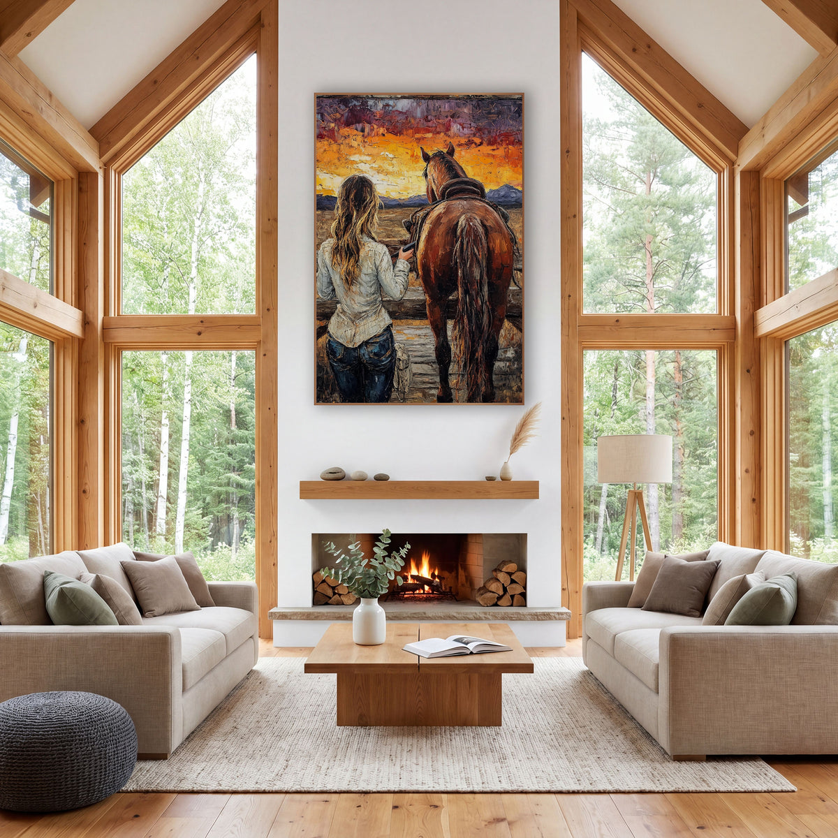Ranch Fence Dusk Western wall art in a rustic western-style room – cowgirl with long wavy hair and chestnut horse seen