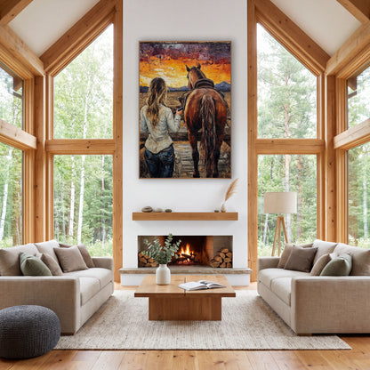 Ranch Fence Dusk Western wall art in a rustic western-style room – cowgirl with long wavy hair and chestnut horse seen