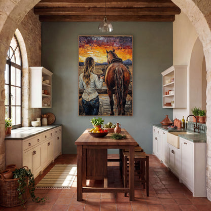 Ranch Fence Dusk Western wall art in a rustic western-style room – cowgirl with long wavy hair and chestnut horse seen