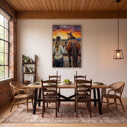 Ranch Fence Dusk Western wall art in a rustic western-style room – cowgirl with long wavy hair and chestnut horse seen