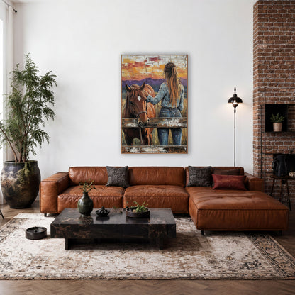 Cowgirl Chestnut Horse Western Ranch wall art in a rustic western-style room – cowgirl in denim from behind petting