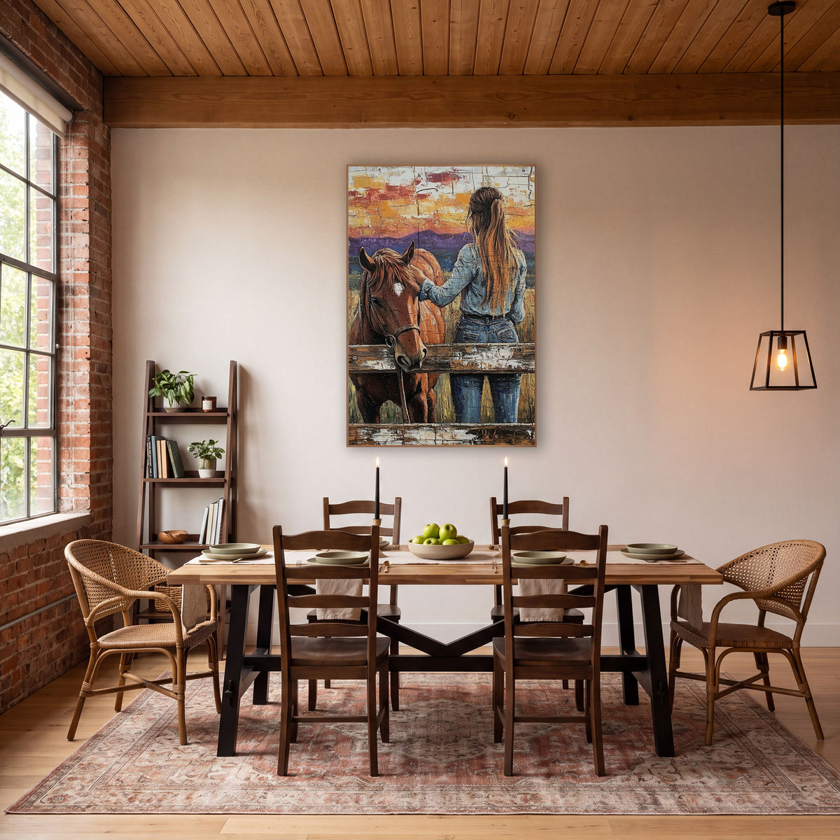 Cowgirl Chestnut Horse Western Ranch wall art in a rustic western-style room – cowgirl in denim from behind petting
