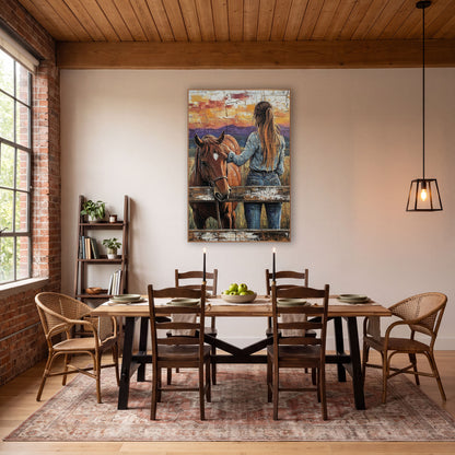 Cowgirl Chestnut Horse Western Ranch wall art in a rustic western-style room – cowgirl in denim from behind petting