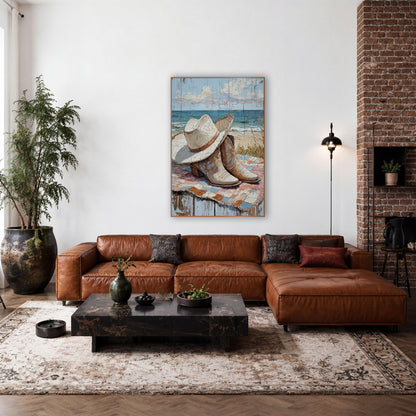 Cream Hat Boots Patchwork Rustic wall art in a rustic western-style room – cream cowboy hat and tan boots on a pink