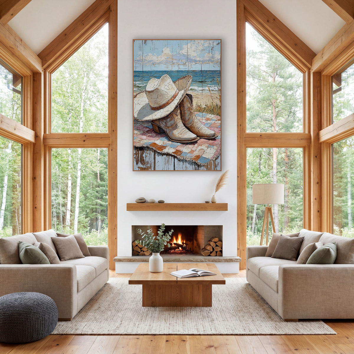 Cream Hat Boots Patchwork Rustic wall art in a rustic western-style room – cream cowboy hat and tan boots on a pink