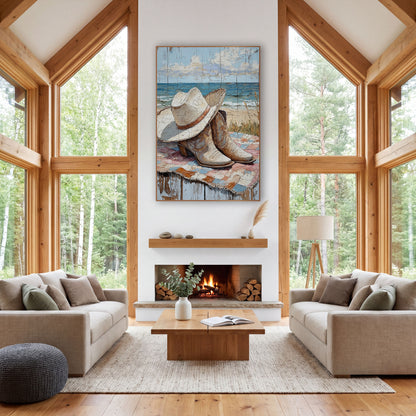 Cream Hat Boots Patchwork Rustic wall art in a rustic western-style room – cream cowboy hat and tan boots on a pink