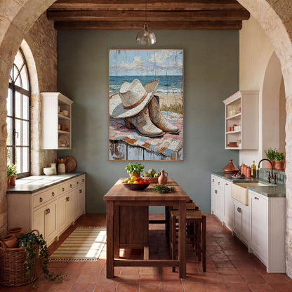 Cream Hat Boots Patchwork Rustic wall art in a rustic western-style room – cream cowboy hat and tan boots on a pink