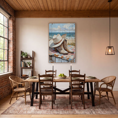 Cream Hat Boots Patchwork Rustic wall art in a rustic western-style room – cream cowboy hat and tan boots on a pink