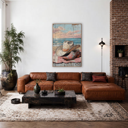 Cowgirl Hat Beach Coastal Western wall art in a rustic western-style room – cream cowgirl hat and pink boot on a pink