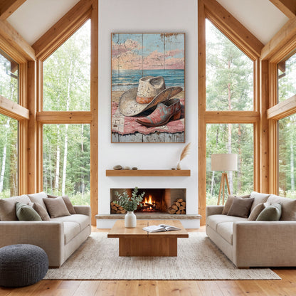 Cowgirl Hat Beach Coastal Western wall art in a rustic western-style room – cream cowgirl hat and pink boot on a pink
