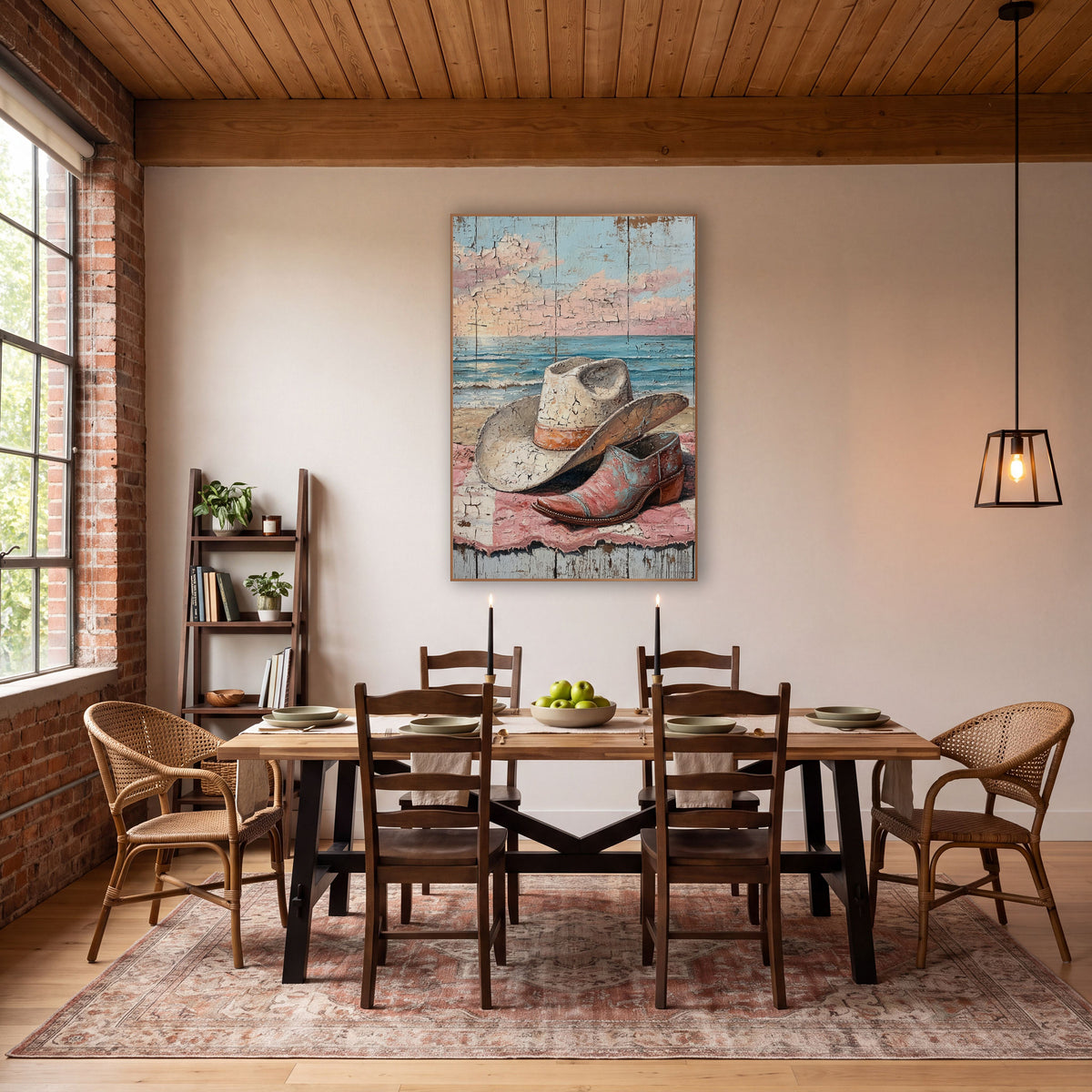 Cowgirl Hat Beach Coastal Western wall art in a rustic western-style room – cream cowgirl hat and pink boot on a pink