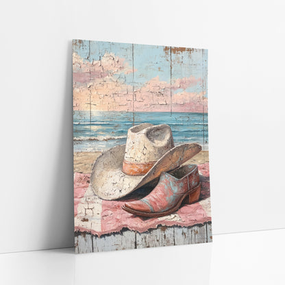 Cowgirl Hat Beach Coastal Western art print leaning against a white wall – cream cowgirl hat and pink boot on a pink