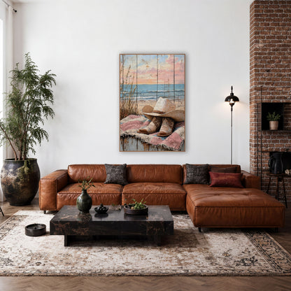 Cream Cowgirl Hat Boots Coastal Western wall art in a rustic western-style room – cream cowboy hat and tooled boots
