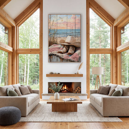 Cream Cowgirl Hat Boots Coastal Western wall art in a rustic western-style room – cream cowboy hat and tooled boots