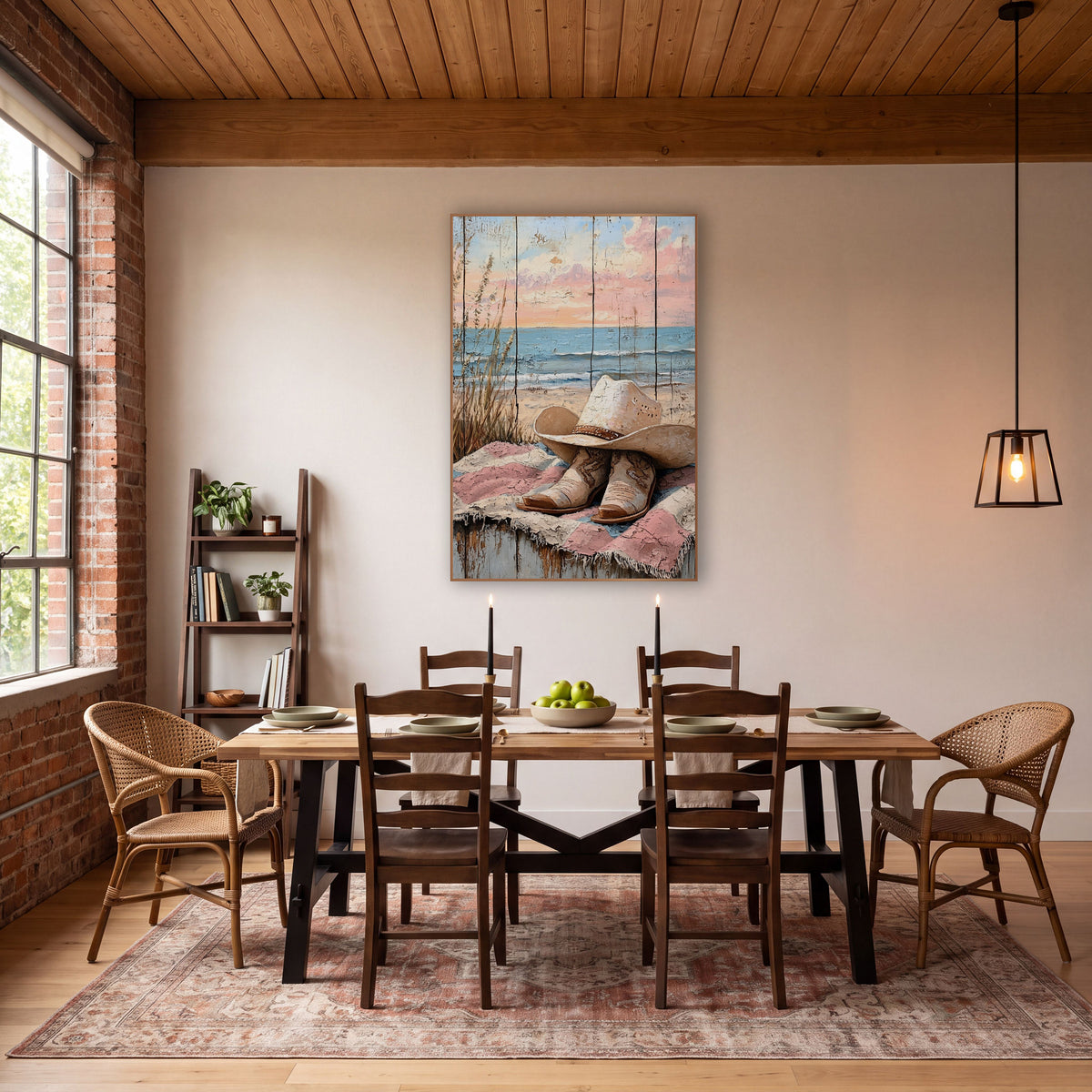 Cream Cowgirl Hat Boots Coastal Western wall art in a rustic western-style room – cream cowboy hat and tooled boots