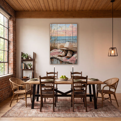 Cream Cowgirl Hat Boots Coastal Western wall art in a rustic western-style room – cream cowboy hat and tooled boots