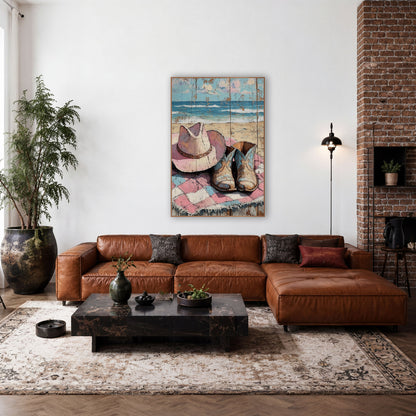 Pink Hat Blue Boots Pastel wall art in a rustic western-style room – pink cowboy hat and worn blue-and-tan boots