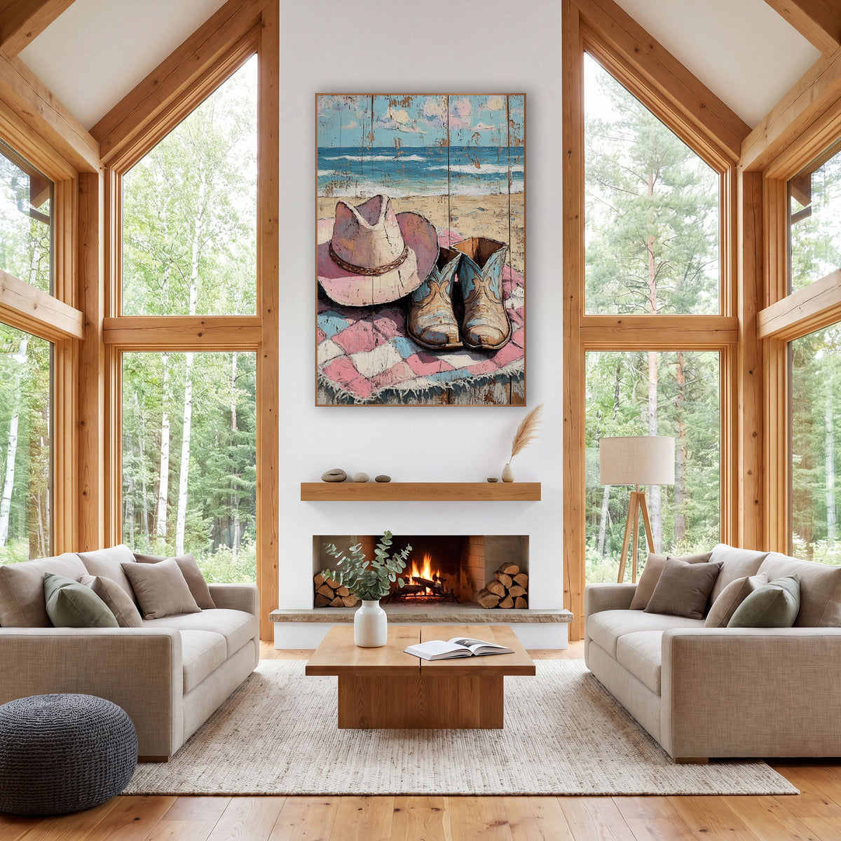 Pink Hat Blue Boots Pastel wall art in a rustic western-style room – pink cowboy hat and worn blue-and-tan boots