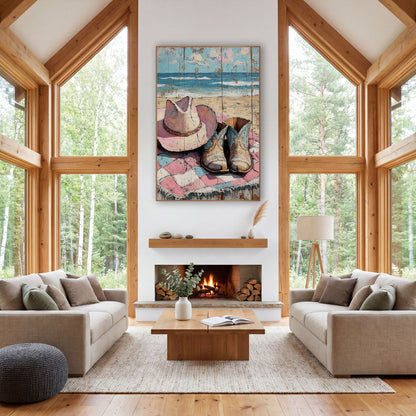 Pink Hat Blue Boots Pastel wall art in a rustic western-style room – pink cowboy hat and worn blue-and-tan boots