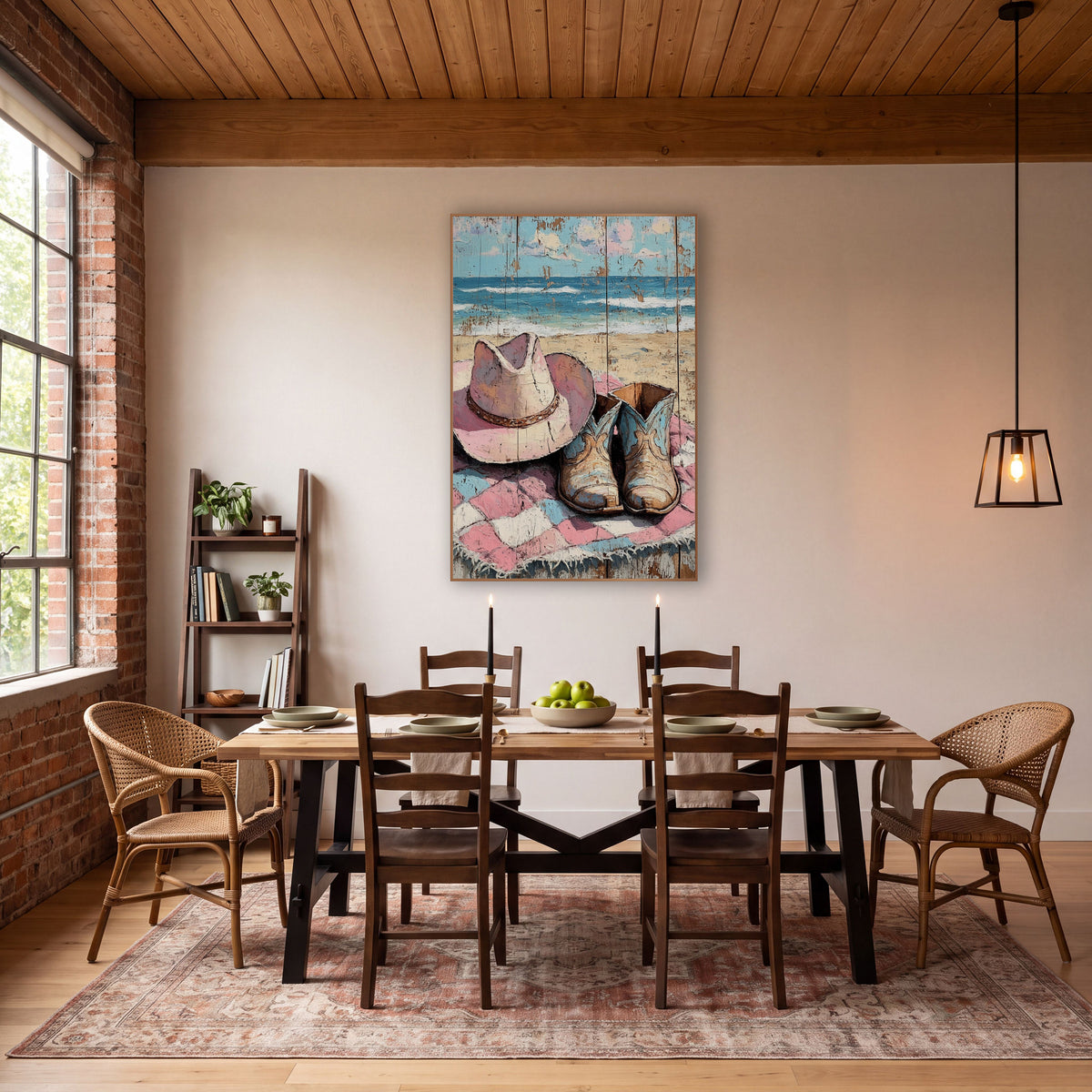 Pink Hat Blue Boots Pastel wall art in a rustic western-style room – pink cowboy hat and worn blue-and-tan boots