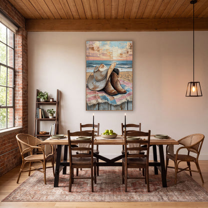 Cowboy Hat Boots Beach Coastal Western wall art in a rustic western-style room – cream cowboy hat and brown boots