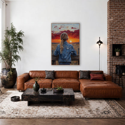 Denim Jacket Sunset Western Portrait wall art in a rustic western-style room – girl in a denim jacket with a long