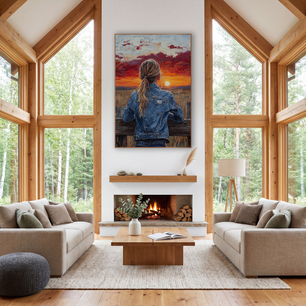 Denim Jacket Sunset Western Portrait wall art in a rustic western-style room – girl in a denim jacket with a long