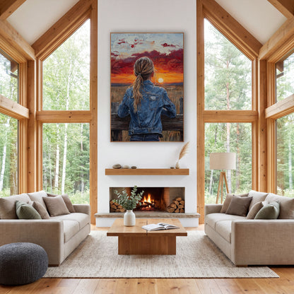 Denim Jacket Sunset Western Portrait wall art in a rustic western-style room – girl in a denim jacket with a long