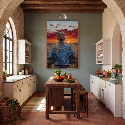 Denim Jacket Sunset Western Portrait wall art in a rustic western-style room – girl in a denim jacket with a long