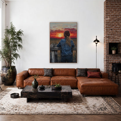 Cowgirl Prairie Sunset Western wall art in a rustic western-style room – woman in denim jacket with ponytail leaning
