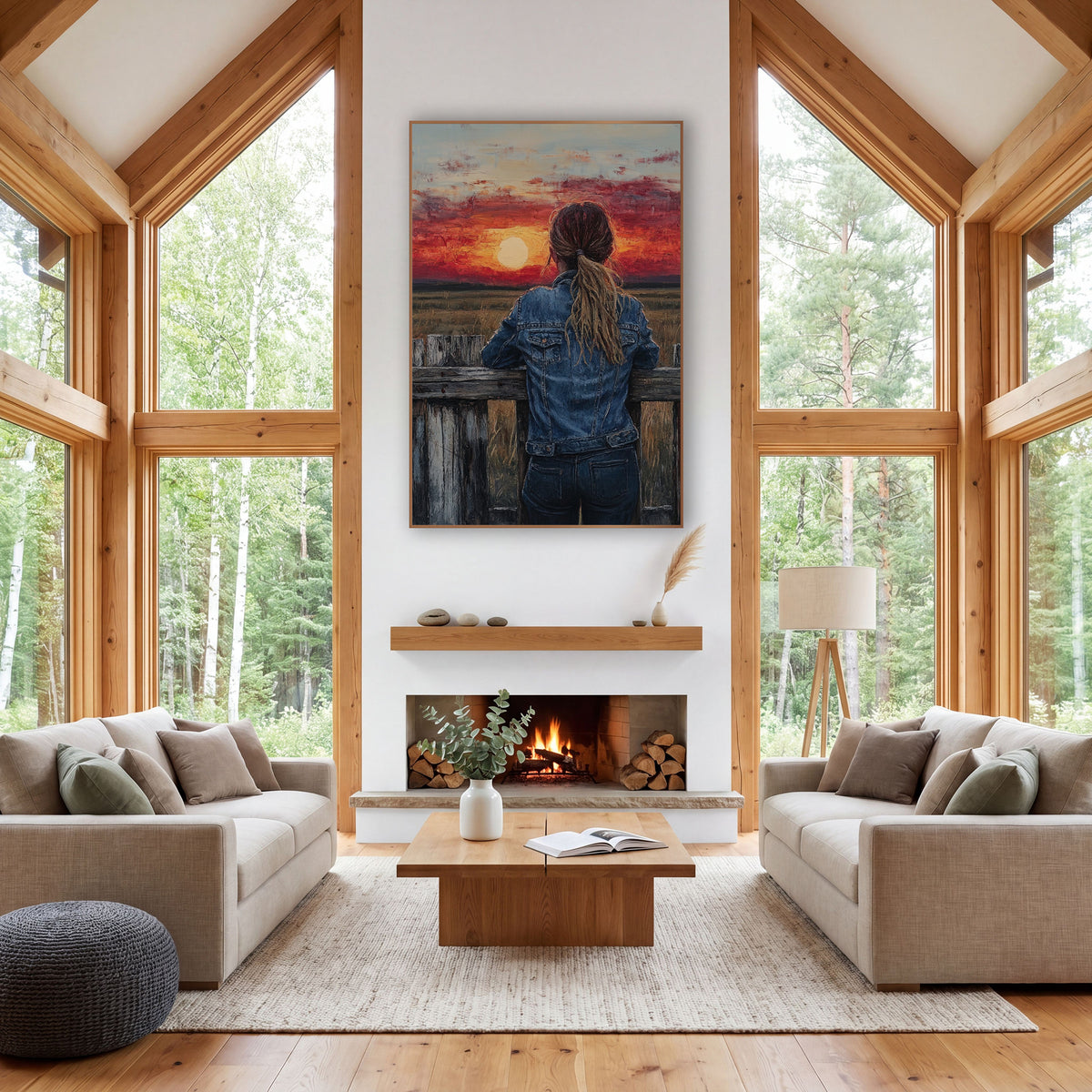 Cowgirl Prairie Sunset Western wall art in a rustic western-style room – woman in denim jacket with ponytail leaning