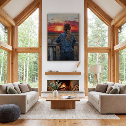 Cowgirl Prairie Sunset Western wall art in a rustic western-style room – woman in denim jacket with ponytail leaning