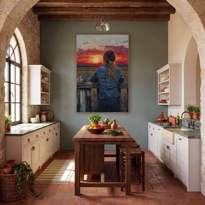 Cowgirl Prairie Sunset Western wall art in a rustic western-style room – woman in denim jacket with ponytail leaning