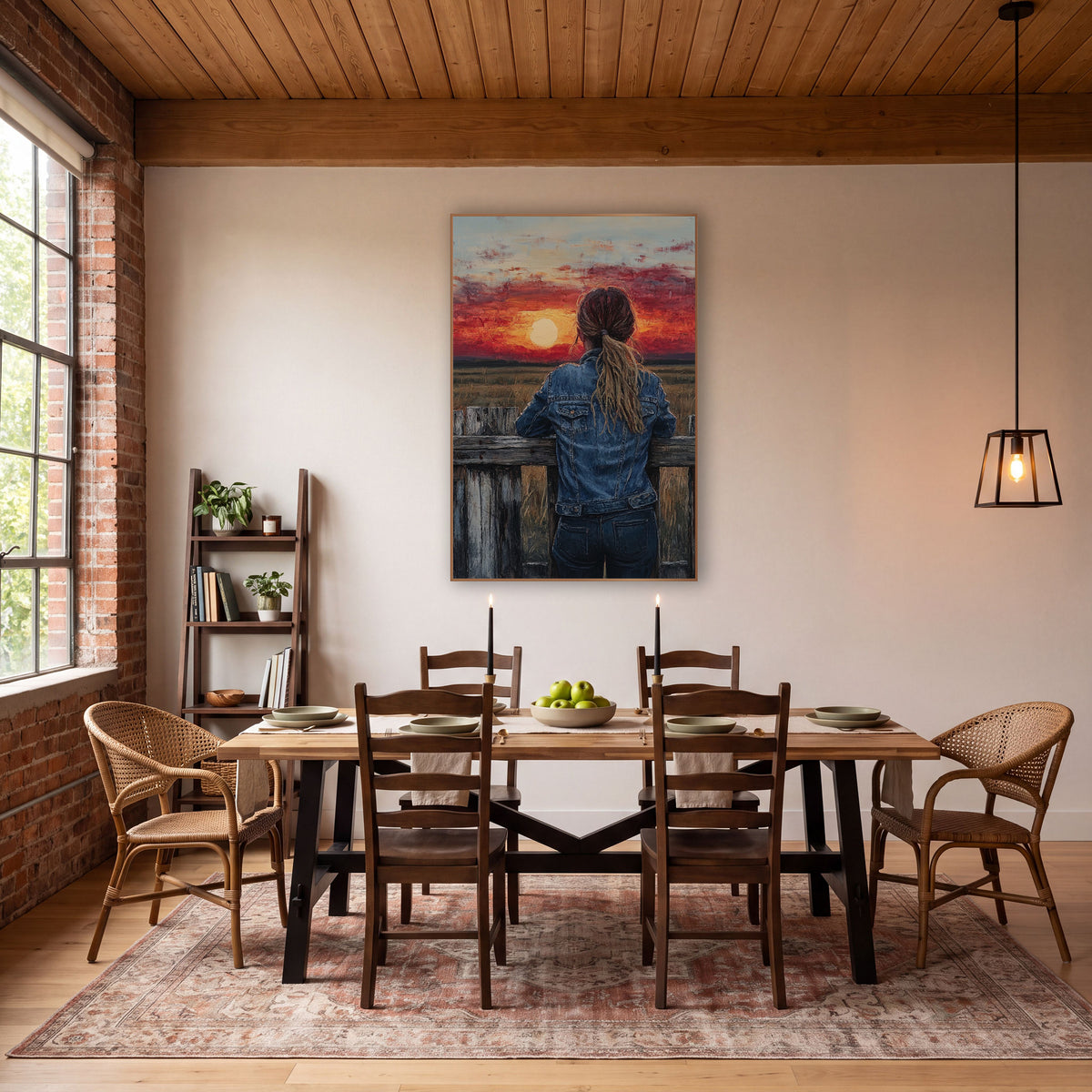 Cowgirl Prairie Sunset Western wall art in a rustic western-style room – woman in denim jacket with ponytail leaning